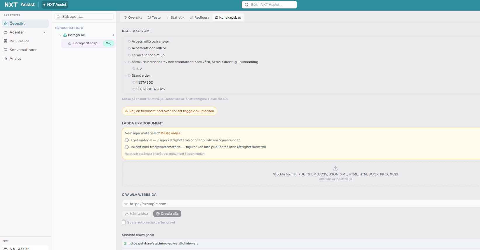 Kunskapsbas i NXT Assist med RAG-taxonomi, dokumentuppladdning och webbcrawl