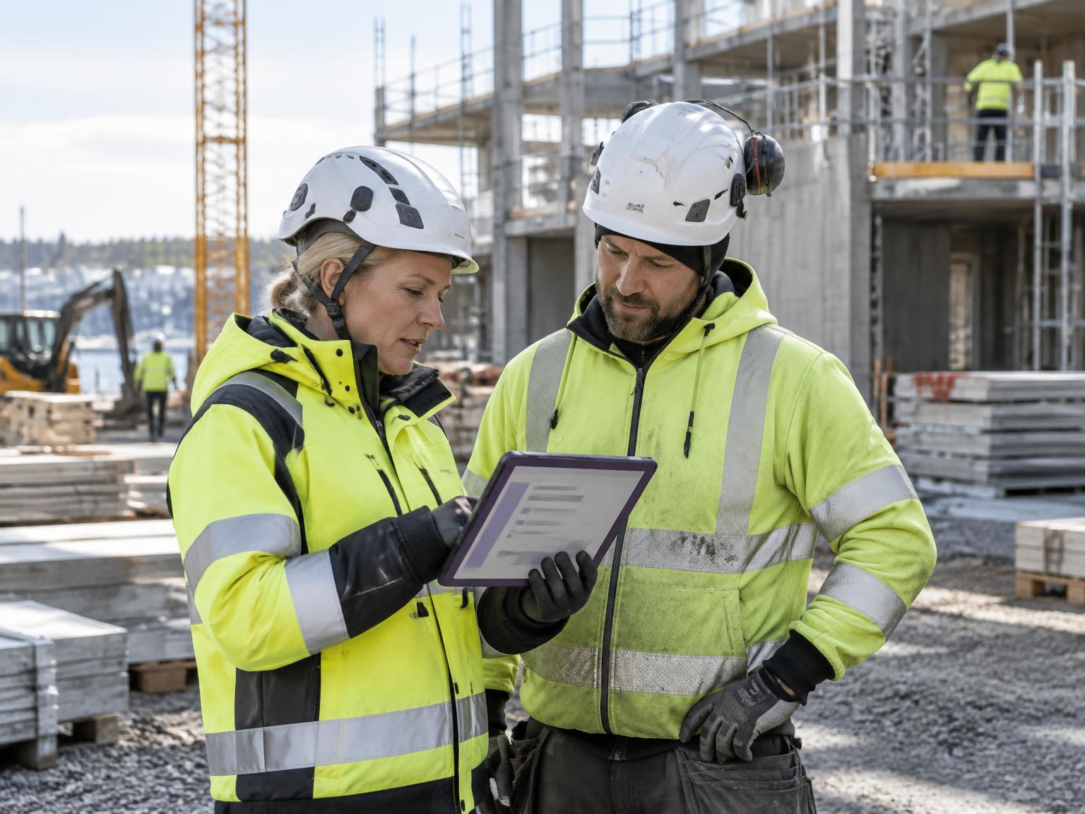Arbetsledare och yrkesarbetare går igenom en digital arbetsinstruktion på byggarbetsplatsen