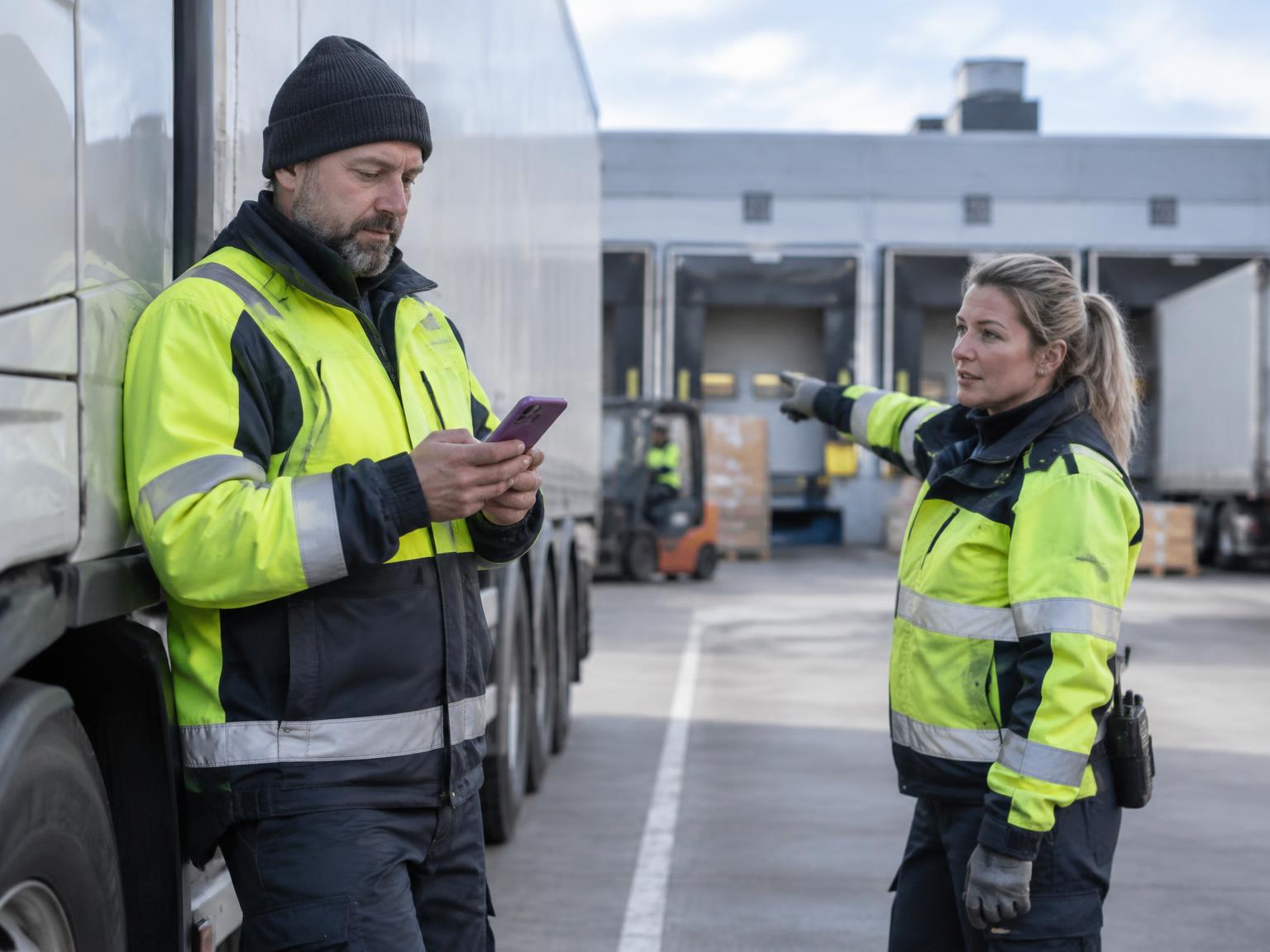 Förare använder en mobil rutin tillsammans med en kollega på en logistikterminal