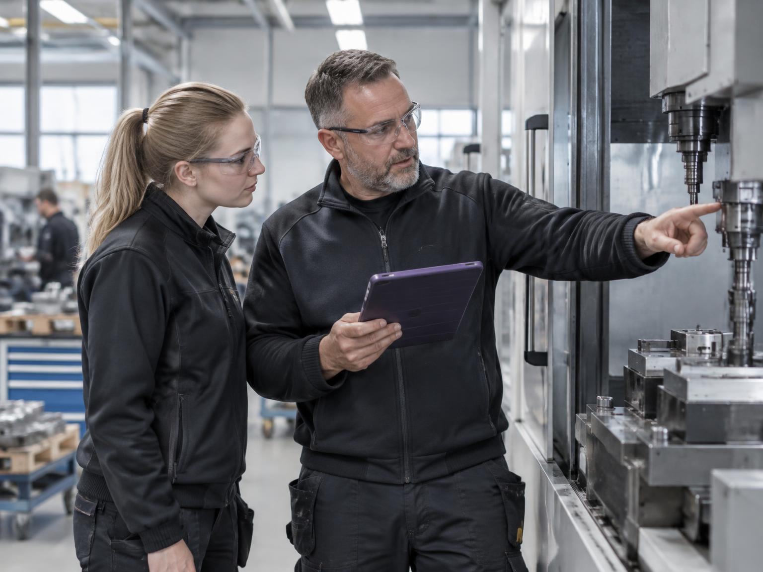 Erfaren tekniker förklarar en maskininstruktion för en kollega i produktionen