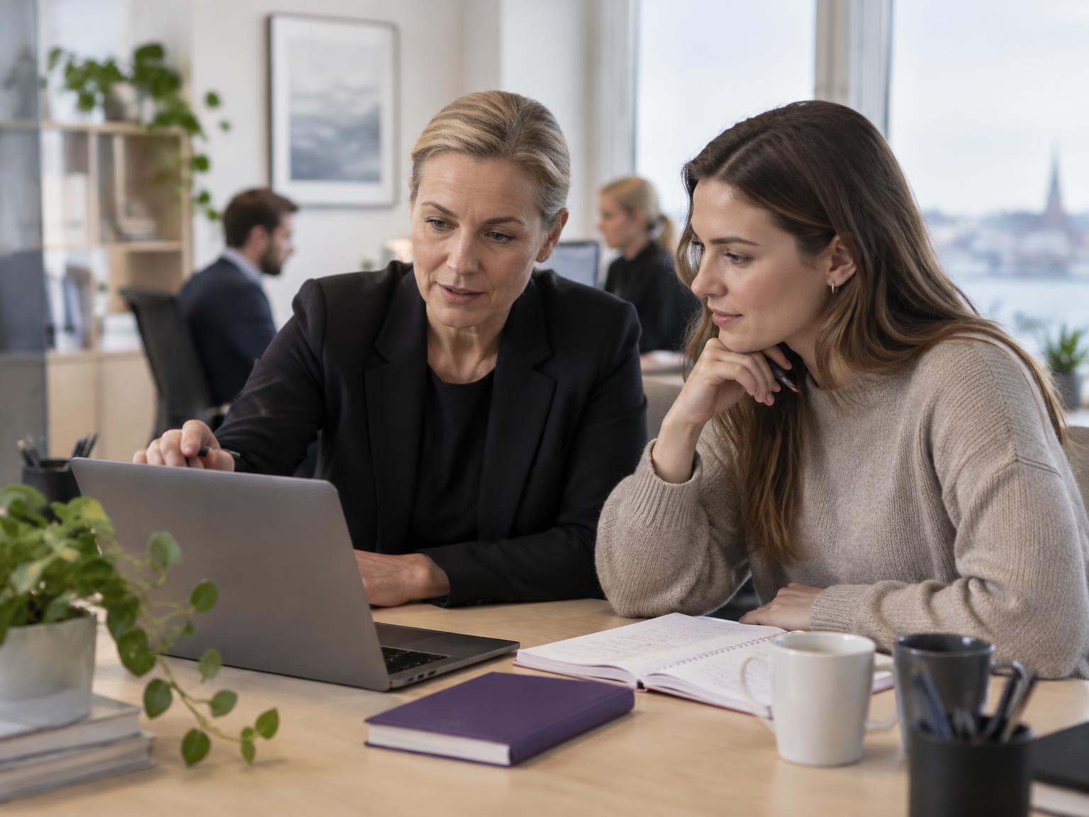Erfaren specialist introducerar en ny kollega till företagets gemensamma arbetssätt