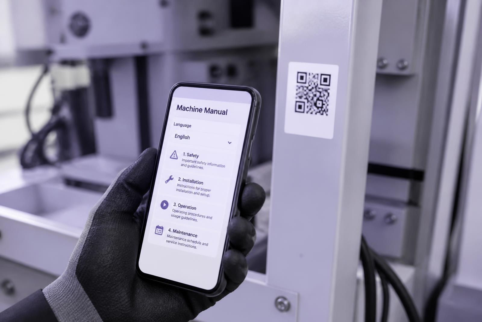 Hand som skannar en QR-kod på en industrimaskin för att öppna manualen i telefonen