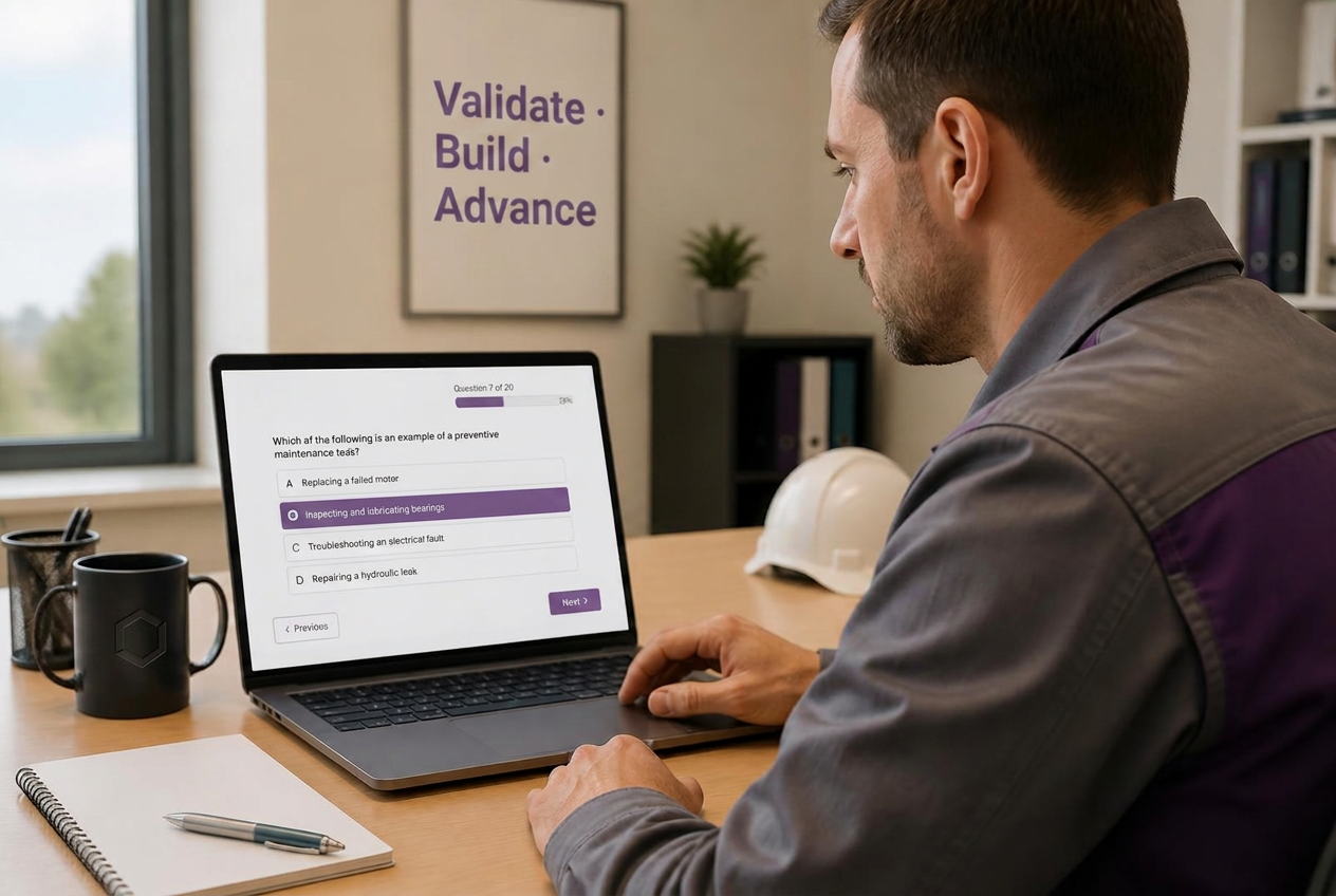 Tekniker som genomför ett certifierande kunskapsprov på sin laptop i en utbildningsmiljö